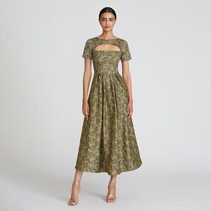 Theia Natasha Tea Length Gown Cutout Jacquard Gold Floral Formal Size 0